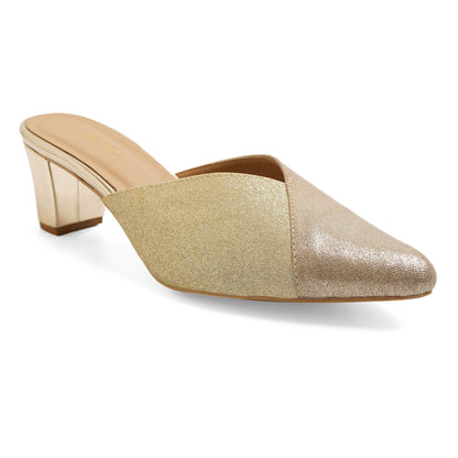 Elegant Shimmery Gold Block Heel Mules For Party Wear