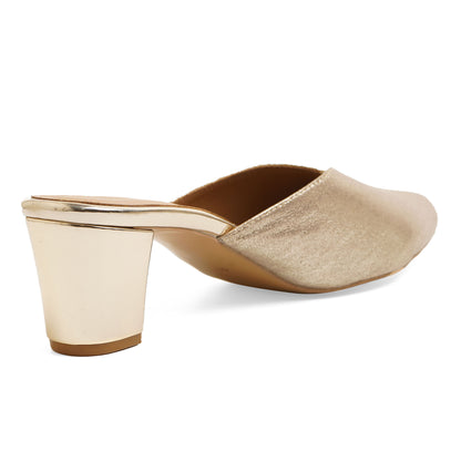 Elegant Shimmery Gold Block Heel Mules For Party Wear