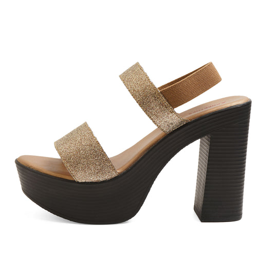 Stylish Glittery Gold Chunky Heel Sandals For Party Wear