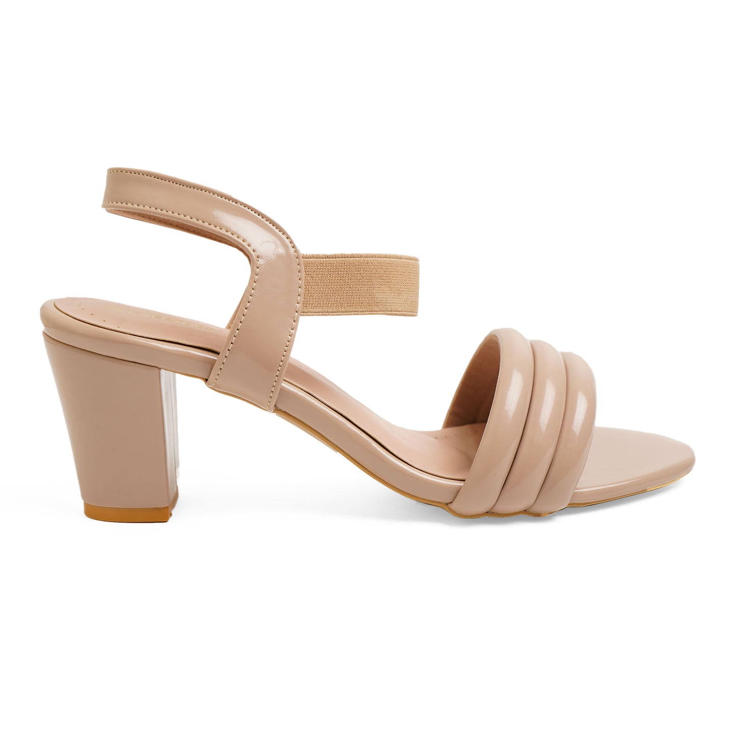 Sleek Glossy Beige Block Heel Sandals For Office Comfort