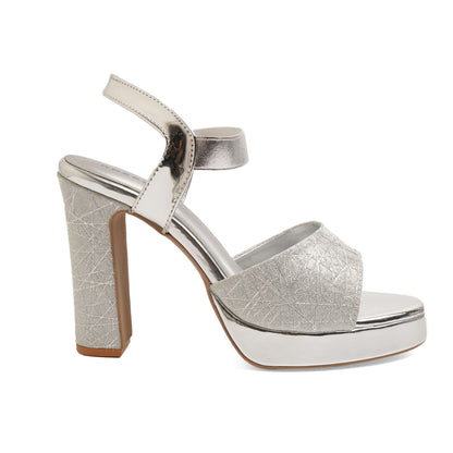 Exquisite Shimmery Silver Chunky Heels Sandals For Wedding Wear