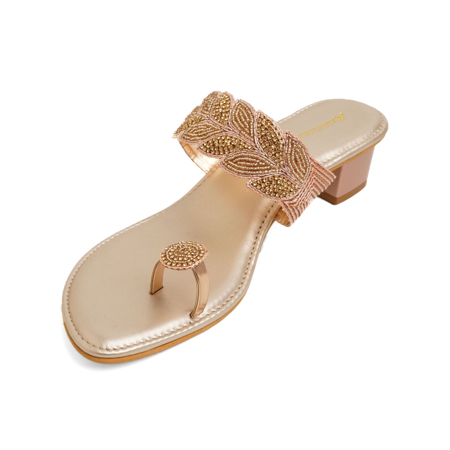 Elegant Shimmery Rose Gold Box Heel Slippers For Wedding Wear