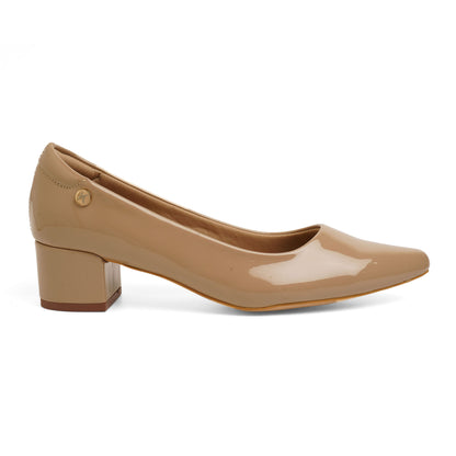 Comtemporary Glossy Beige Box Heel Pumps For Office Comfort