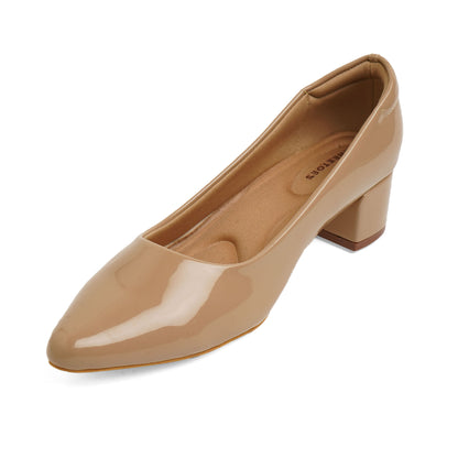 Comtemporary Glossy Beige Box Heel Pumps For Office Comfort