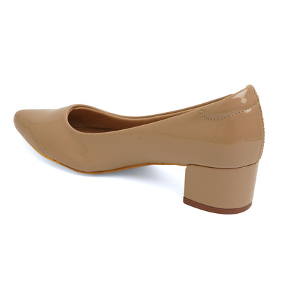 Comtemporary Glossy Beige Box Heel Pumps For Office Comfort