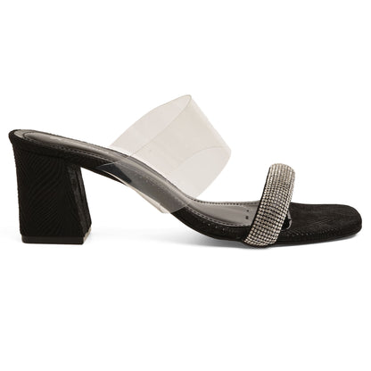 Snazzy Shimmery Black Block Heel Sandals For Party Wear