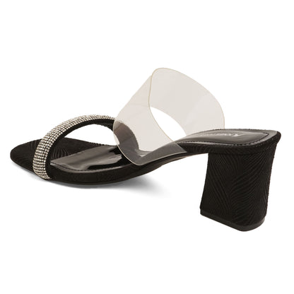 Snazzy Shimmery Black Block Heel Sandals For Party Wear