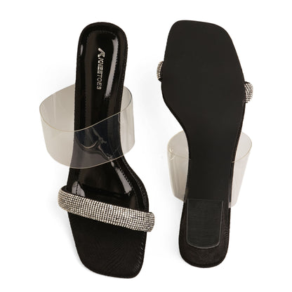 Snazzy Shimmery Black Block Heel Sandals For Party Wear