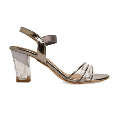 Chic Glossy Grey Block Heel Sandals For Party Wear