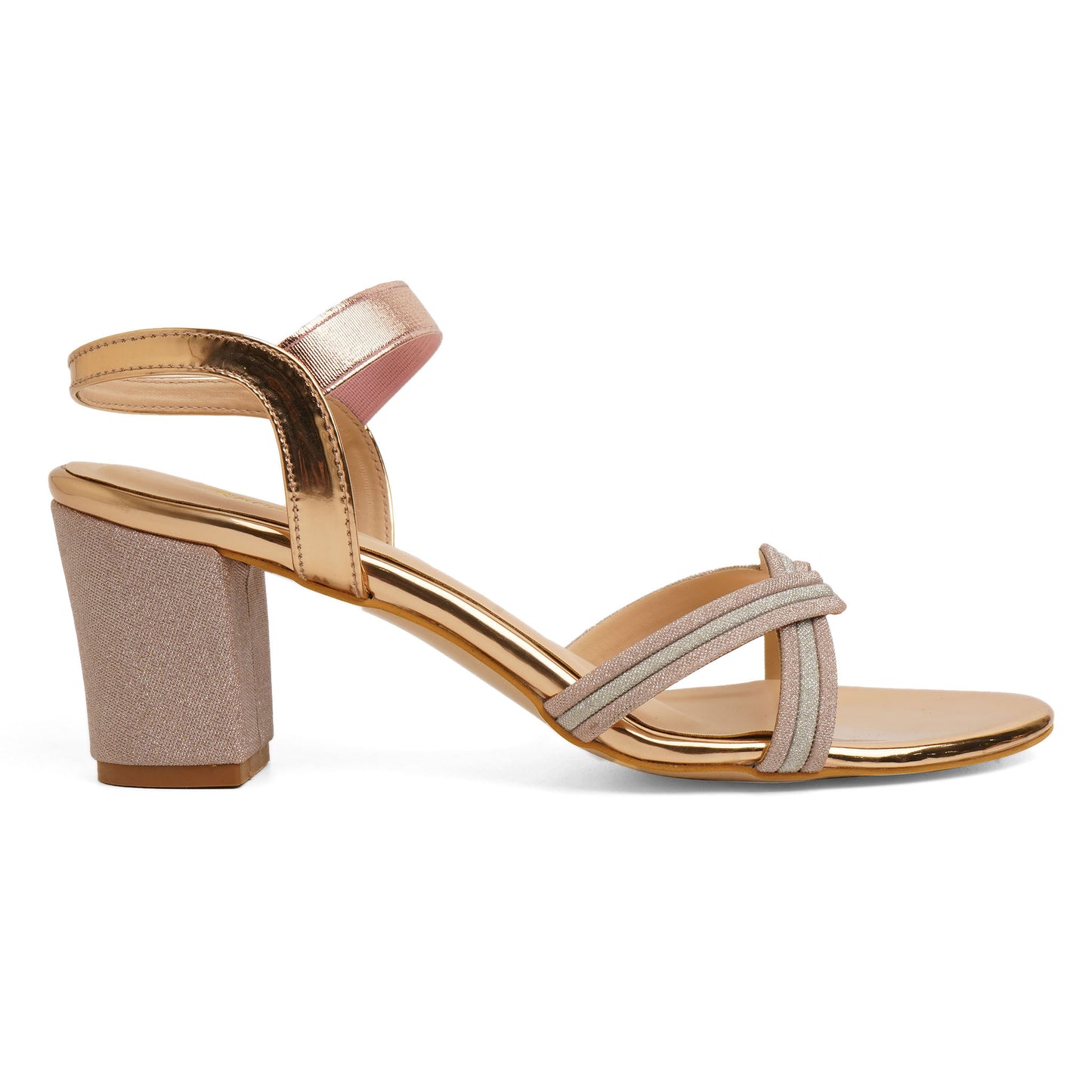 Sleek Glitter Rose Gold Box Heel Sandals For Party Wear