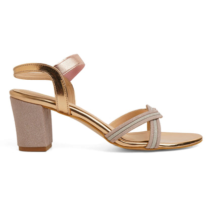 Sleek Glitter Rose Gold Box Heel Sandals For Party Wear