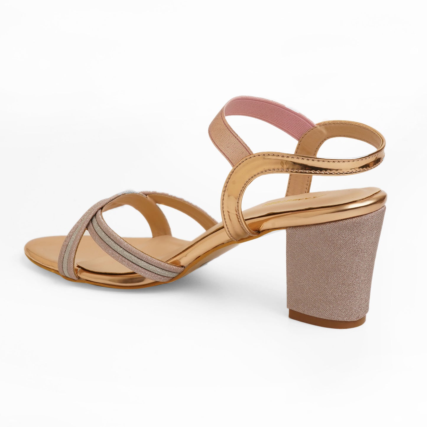 Sleek Glitter Rose Gold Box Heel Sandals For Party Wear