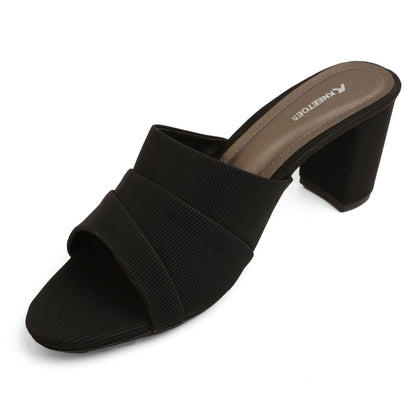 Fashionable Matt Finish Black Block Heel Slippers For Everyday Casuals