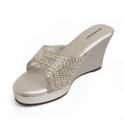 Exquisite Zari Silver Wedge Heel Slippers For Wedding Wear