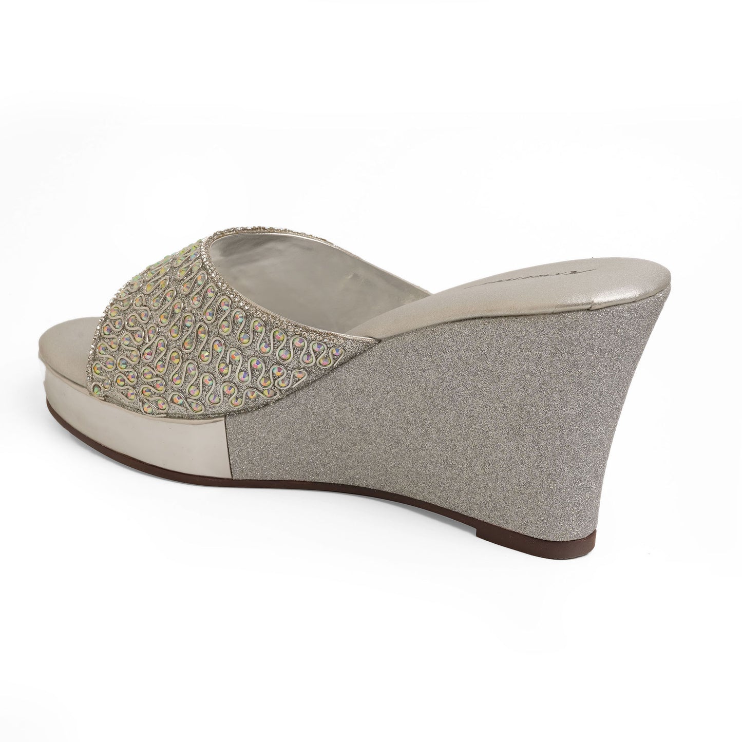 Exquisite Zari Silver Wedge Heel Slippers For Wedding Wear