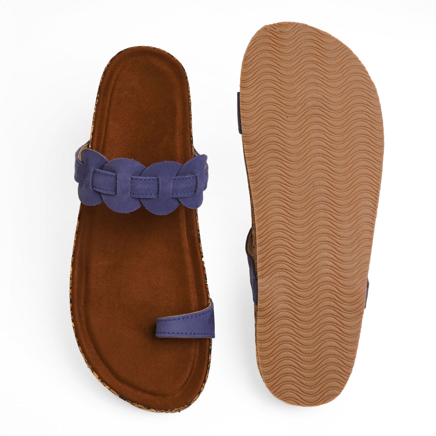 Fashionable Leather Blue Flat Sliders For Everyday Casuals