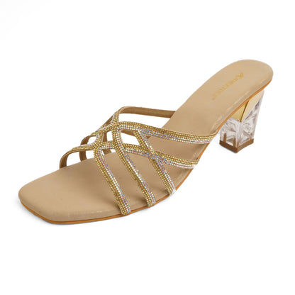 Sleek Stone Embellished Gold Block Heel Slippers For Party Wear