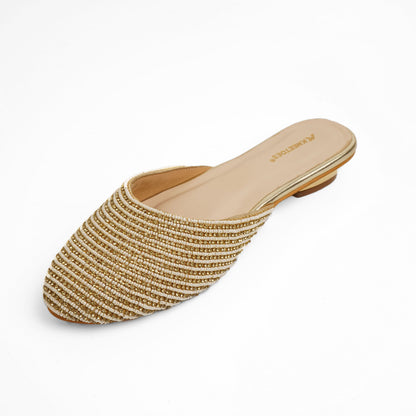 Exquisite Zari Gold Small Heel Mules For Wedding Wear