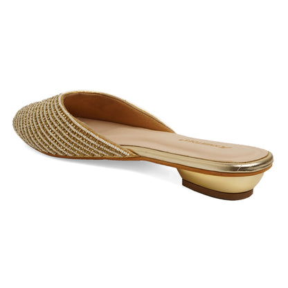 Exquisite Zari Gold Small Heel Mules For Wedding Wear