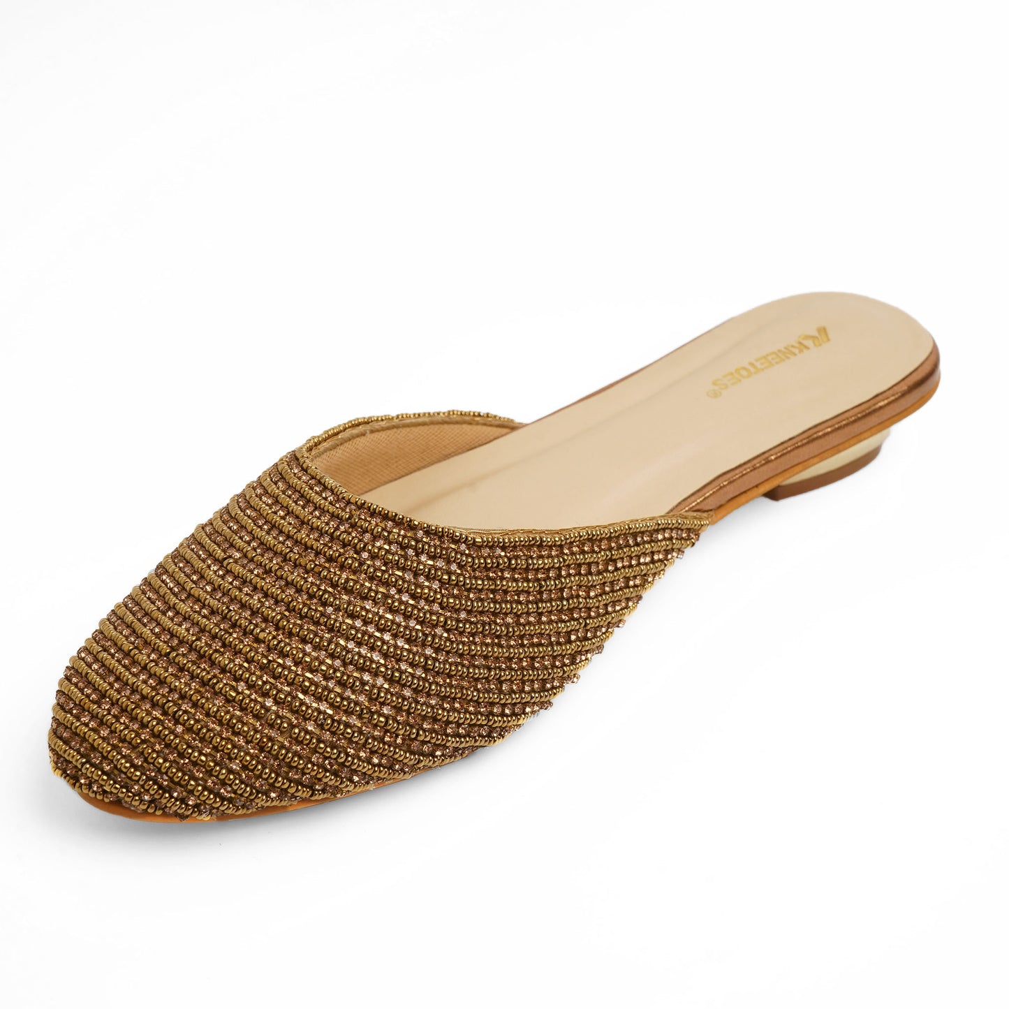 Exquisite Zari Bronze Small Heel Mules For Wedding Wear