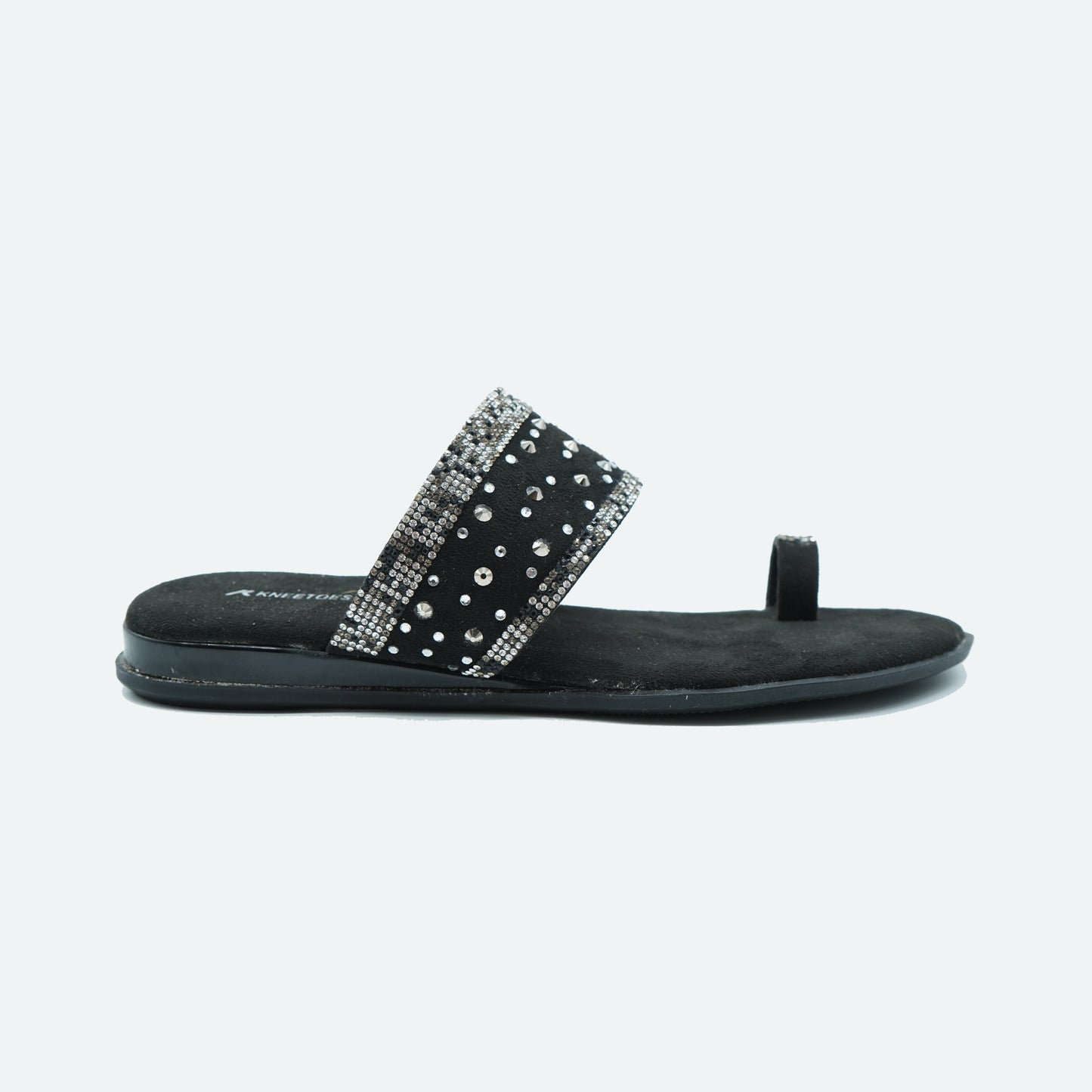 Elegant Stone work Black Slipper featuring Toe strap Design for Everyday casuals