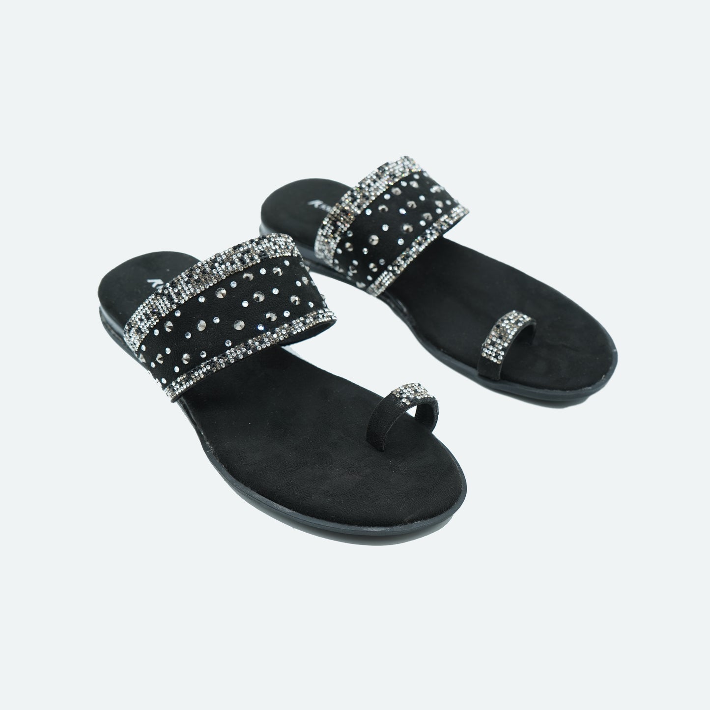 Elegant Stone work Black Slipper featuring Toe strap Design for Everyday casuals