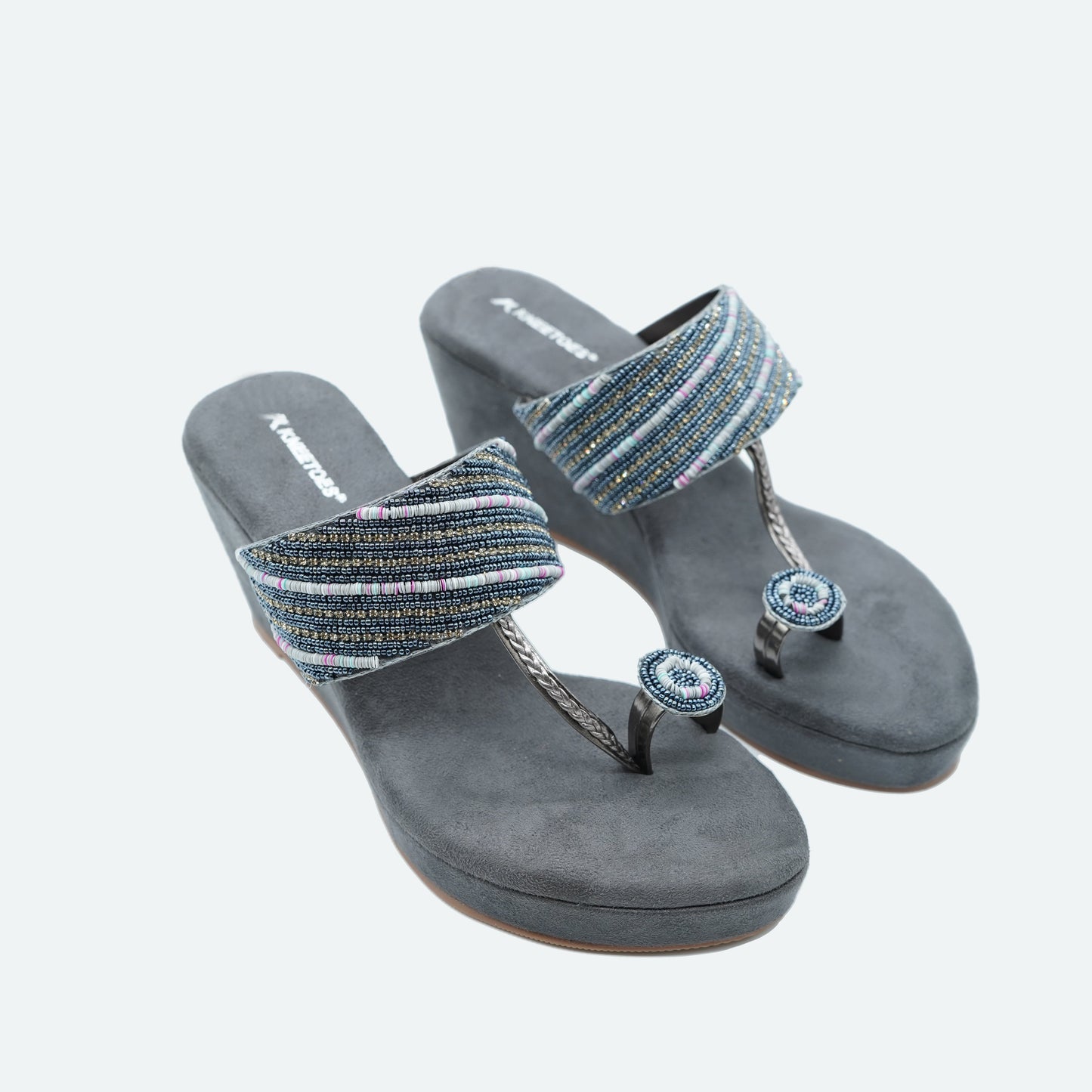 Trendy Stone work Gun Metal Slipper featuring Toe ring Design for Party wear