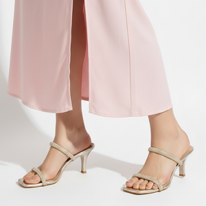 Gold Kitten Heel Square-Toe Sandals