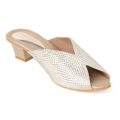 Elegant Stone Embellished Gold Block Heel Slippers For Party Wear