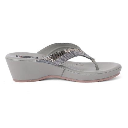 Exquisite Stone Embellished Grey Wedge Heel Sandals with Comfort Sole For Party Wear