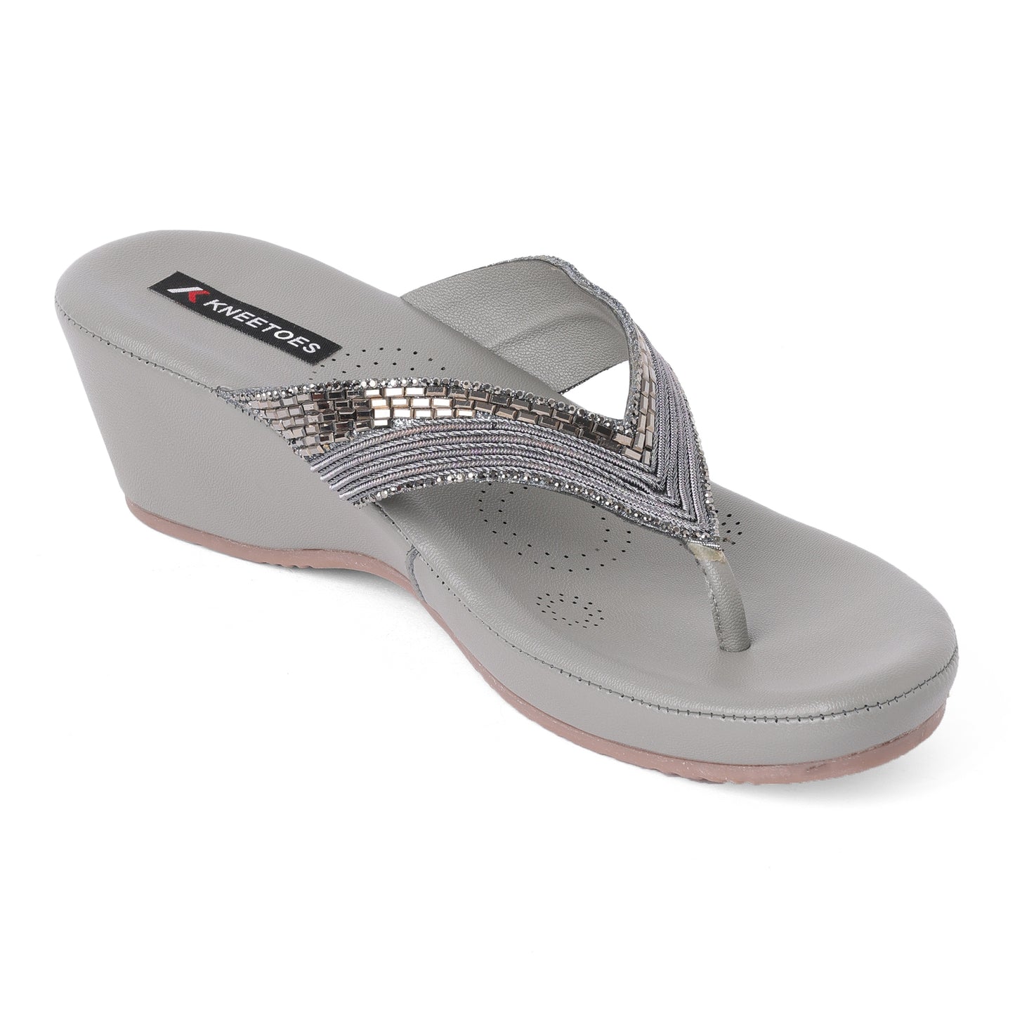 Exquisite Stone Embellished Grey Wedge Heel Sandals with Comfort Sole For Party Wear