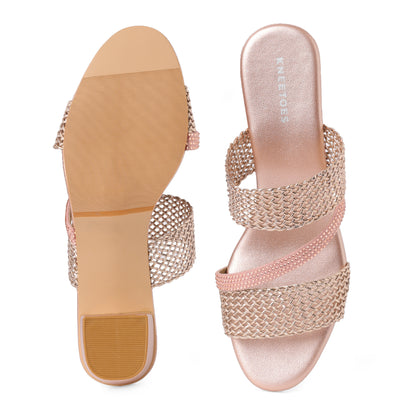 Chic Glitter Gold Box Heel Slippers For Everyday Casuals