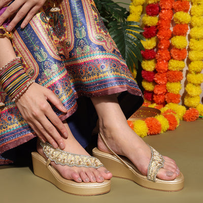Embellished Gold Open-Toe Wedge Sandals