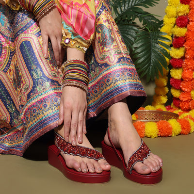 Premium Maroon Open-Toe Wedge Sandals