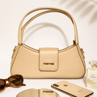 Beige Structured Shoulder Bag with Flap Closure