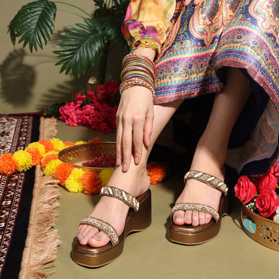Embellished Bronze Open-Toe Sandals With Wedge Heel