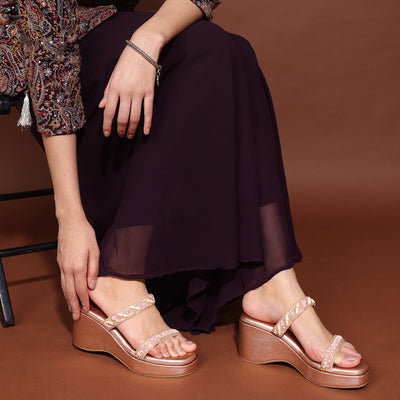 Rose-Gold Open-Toe Embellished Sandals With Wedge Heel