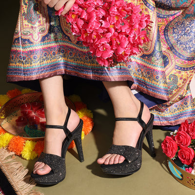 Rhinestone Embellished Black Stiletto Sandals