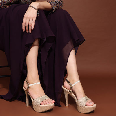 Rhinestone Embellished Gold Stiletto Sandals
