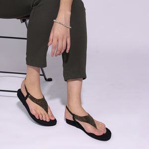 Rhinestone Embellished Black Thong Sandals