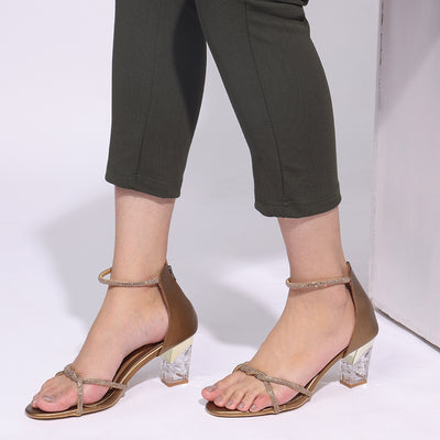 Rhinestone Embellished Bronze Open-Toe Sandals