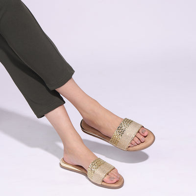 Embellished Gold Comfortable Open-Toe Sliders