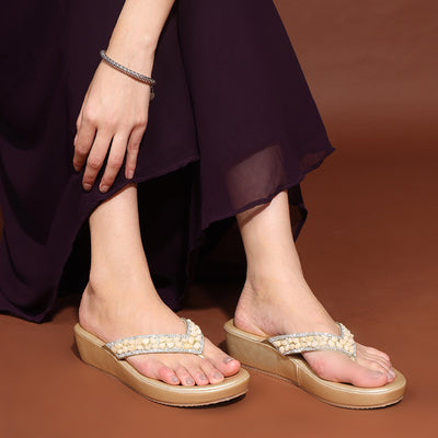 Beige Wedge Heel Thong Sandals