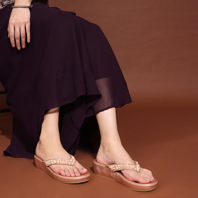 Rose-Gold Wedge Heel Thong Sandals
