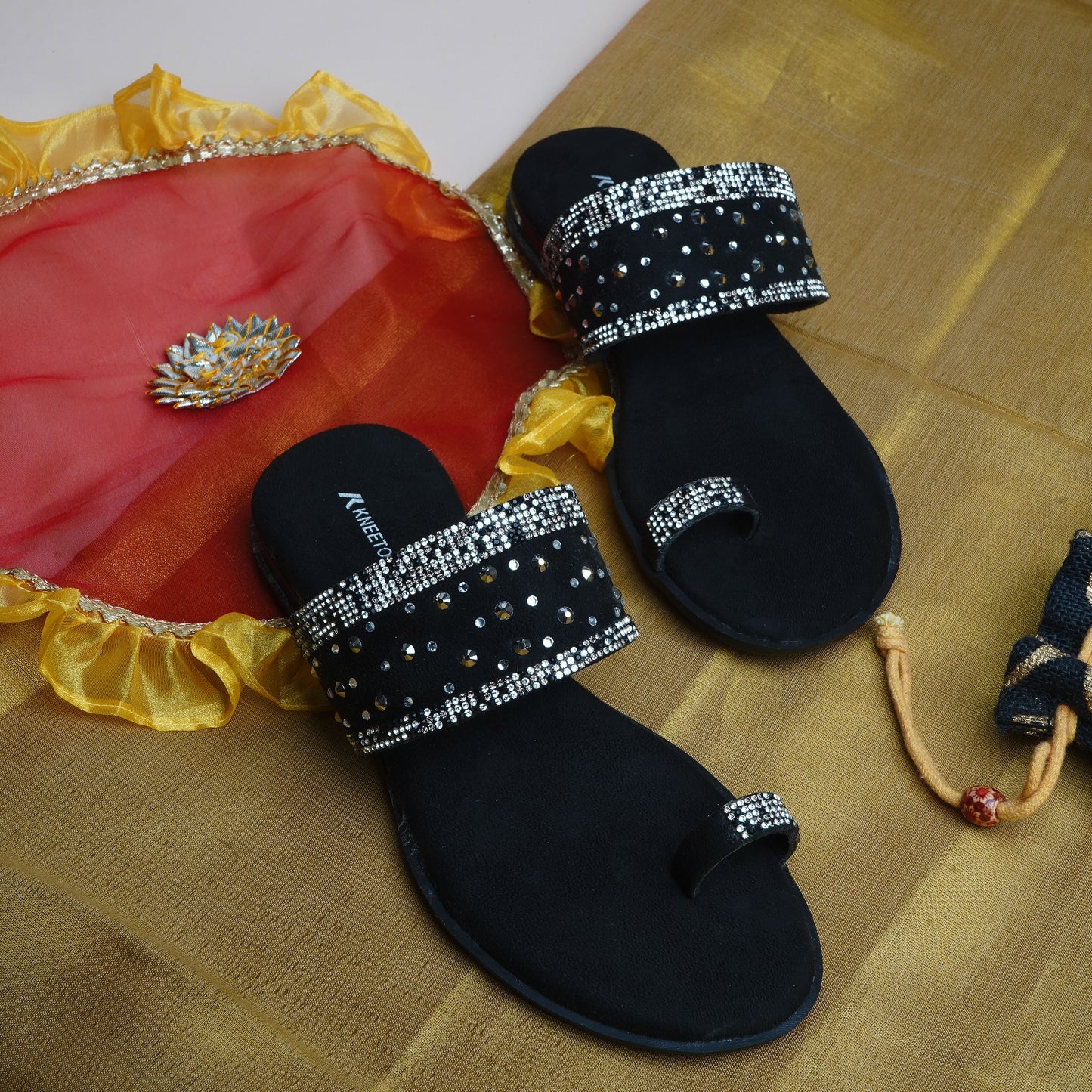 Elegant Stone work Black Slipper featuring Toe strap Design for Everyday casuals