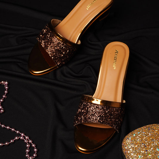 Exquisite Shiny finish Gold Slipper featuring Peep toe Design for Party wear