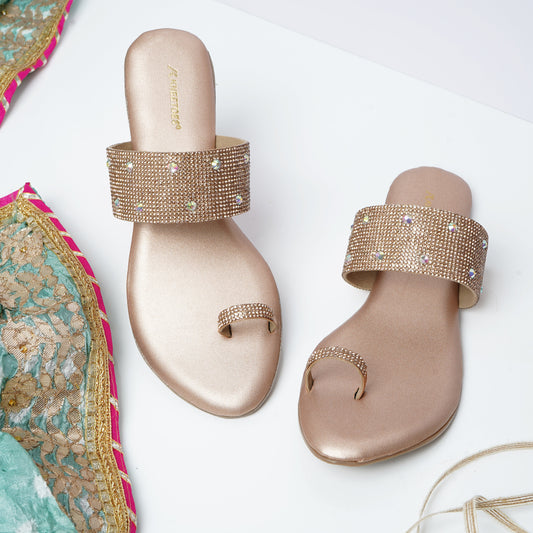 Elegant Stone work Gold Slipper featuring Toe strap Design for Everyday casuals