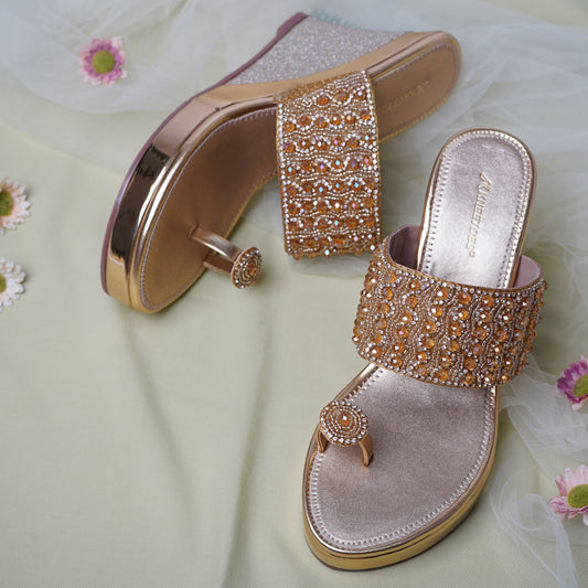 Elegant Glitter Gold Slipper featuring Toe ring Design for Wedding wear