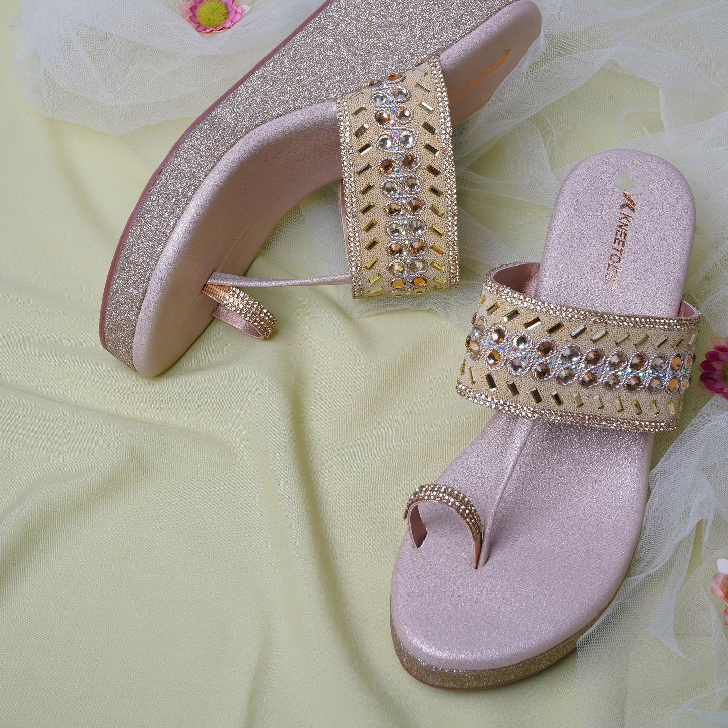 Elegant Stone work Gold Slipper featuring Toe strap Design for Wedding wear