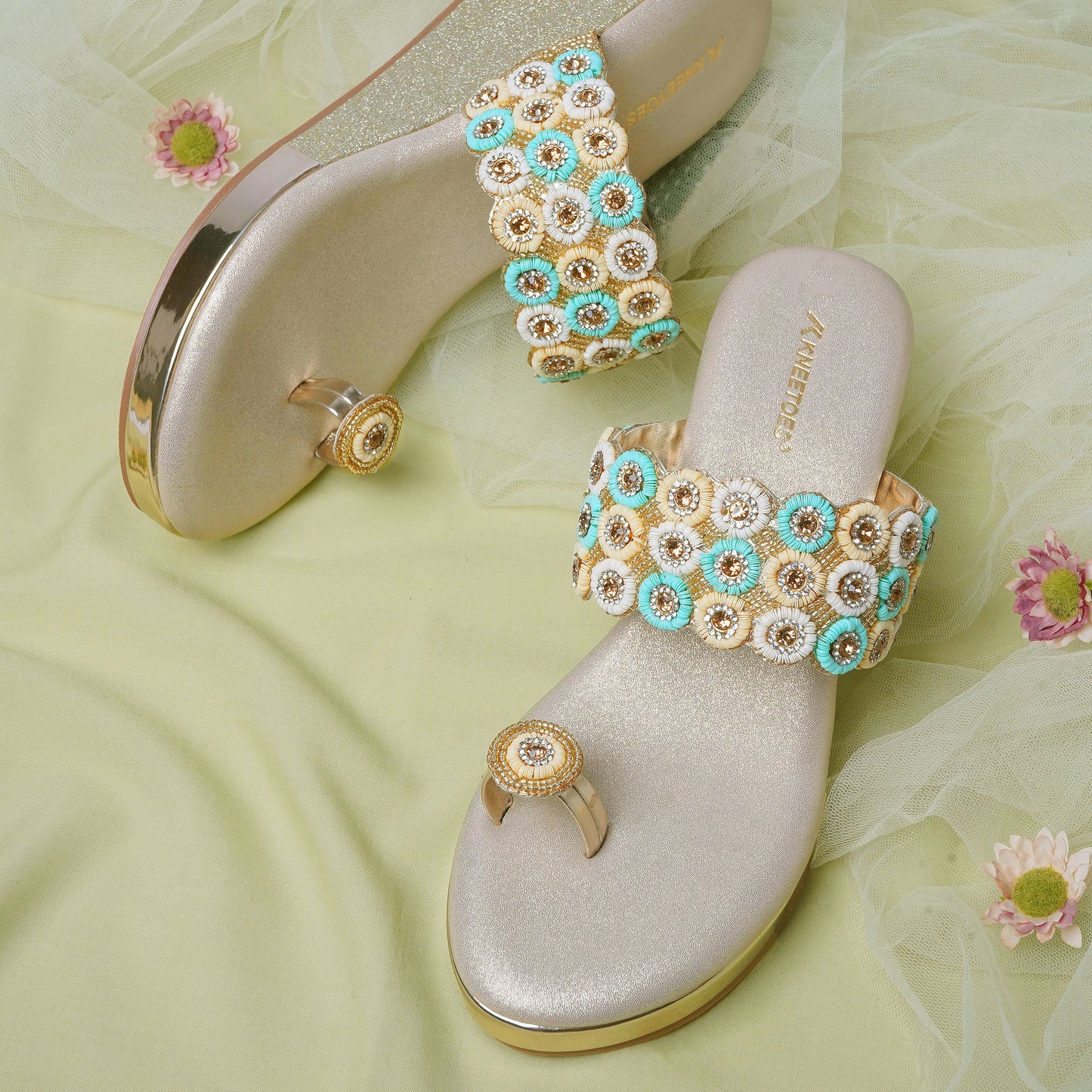 Sleek Glitter Gold Slipper featuring Toe ring Design for Wedding wear